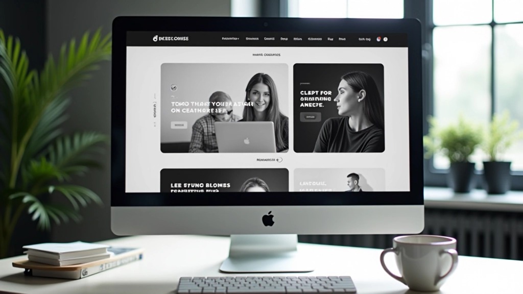 Monitor zobrazuje webový návrh s monochromatickými fotografiemi a overlayovaným textem