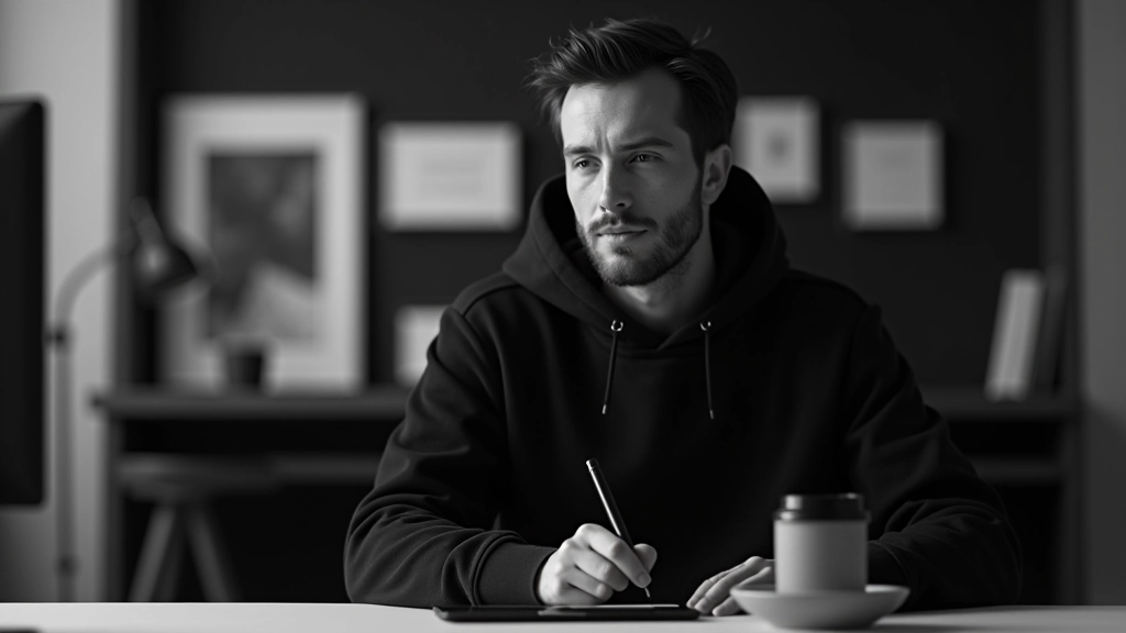 Návrhář pracující na digitální tabletě, jednobarevný design na obrazovce, moderní kancelář se sluchátky a kávou, ostré zaostření