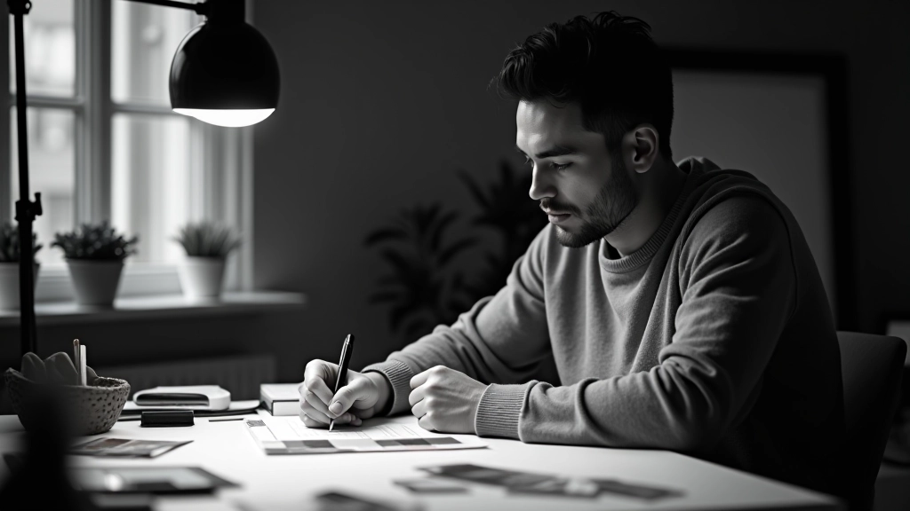 Webdesigner pracující s barevnou paletou a duotonními filtry v designovém software, moderní studio s přirozeným osvětlením