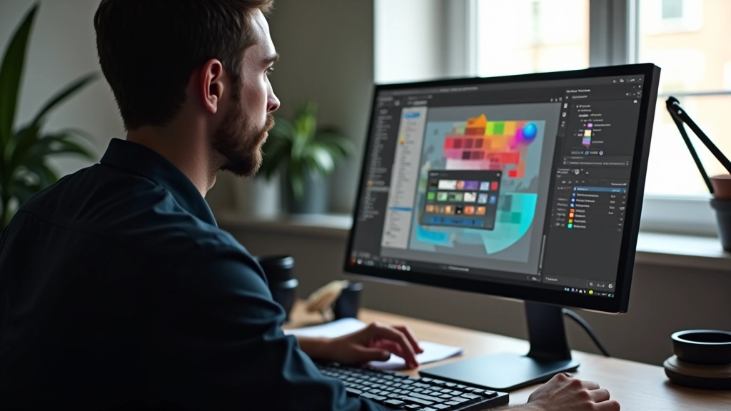 Designer sedící u počítače s otevřeným designovým programem s barevnými palety
