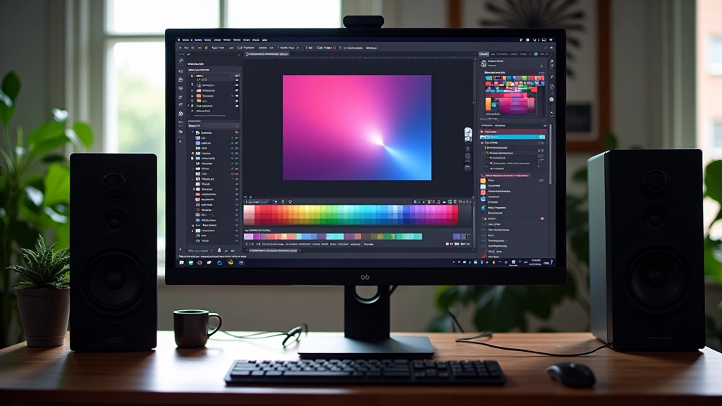 Počítačový monitor s otevřeným designovým softwarem zobrazujícím duotonní filtry a barevné úpravy fotografií