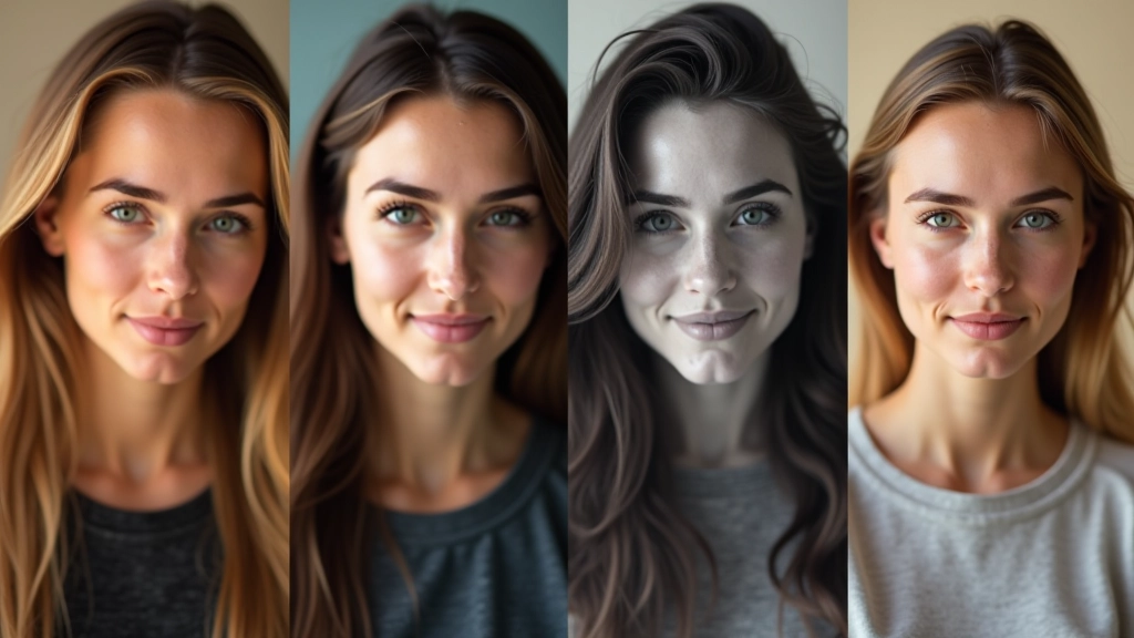 Čtyři různé duotonní kombinace aplikované na stejnou fotografii portrétní osoby