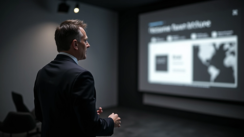 Grafický designer prezentuje duotonní design projektu na velkém plátně s různými barevnými variantami a aplikacemi