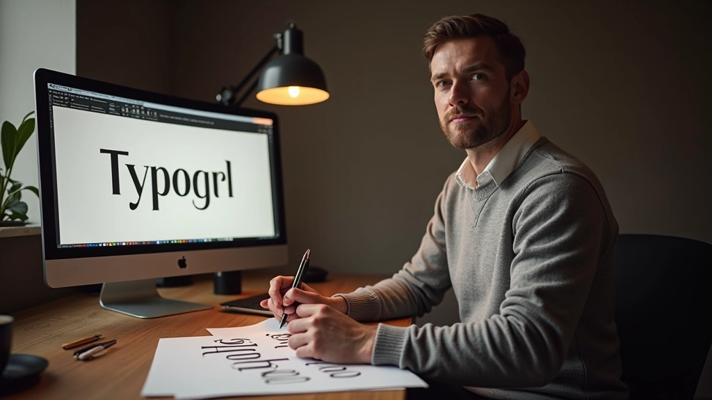 Typograf pracující na designu písma, monitorová obrazovka s abecedou a typografickou hierarchií, skicovací sešit na stole