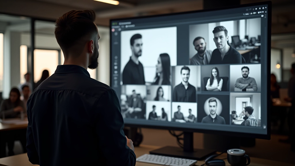 Webový designer ukazuje na displej s příklady různých duotonních efektů aplikovaných na fotografie